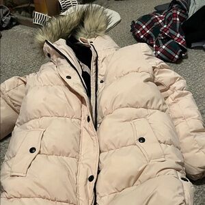 Women's Cream Puffer Jacket with Faux Fur Hood